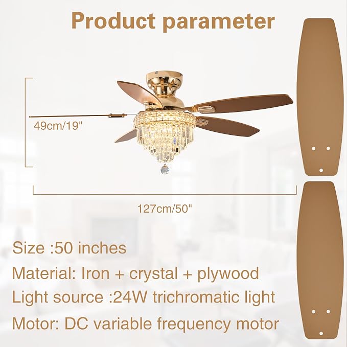 Crystal Ceiling Fan Fandelier with Lights-Ceiling Fans with Lights,50" Low Profile and Remote Control, Flush, alternate view