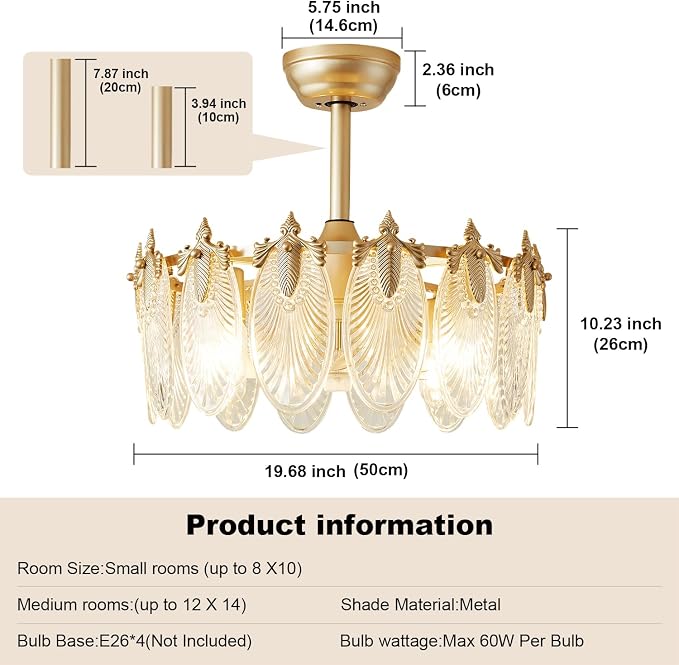 Crystal Fandelier Ceiling Fan with Light Chandelier Fan Glass Semi Flush Mount Remote Control 6 Speeds 20 Inch Low Profile