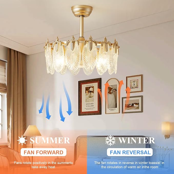 Crystal Fandelier Ceiling Fan with Light Chandelier Fan Glass Semi Flush Mount Remote Control 6 Speeds 20 Inch Low Profile