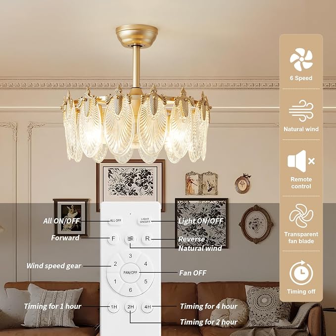 Crystal Fandelier Ceiling Fan with Light Chandelier Fan Glass Semi Flush Mount Remote Control 6 Speeds 20 Inch Low Profile