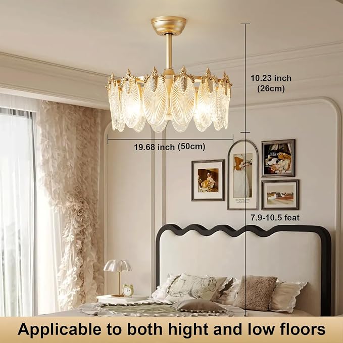 Crystal Fandelier Ceiling Fan with Light Chandelier Fan Glass Semi Flush Mount Remote Control 6 Speeds 20 Inch Low Profile