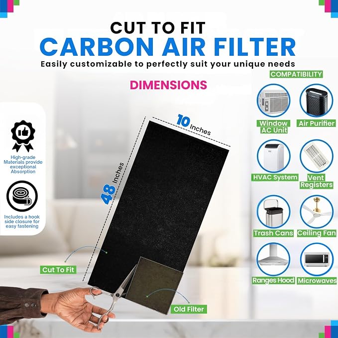 Cut to Fit Activated Carbon Filter Sheet 10” x 48” - Activated Carbon Air Filter for Air Purifiers Window AC Air, alternate