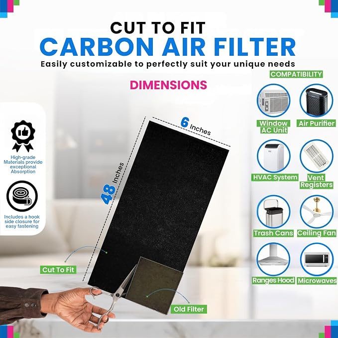 Cut to Fit Activated Carbon Filter Sheet 6” x 48” - Activated Carbon Air Filter for Air Purifiers Window AC Air Vent And More