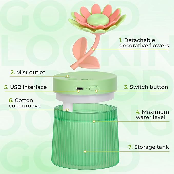 Cute Flower Mini Humidifier, 260ml Sunflower Desktop Humidifiers for Bedroom, Portable Small Cool Mist Humidification for