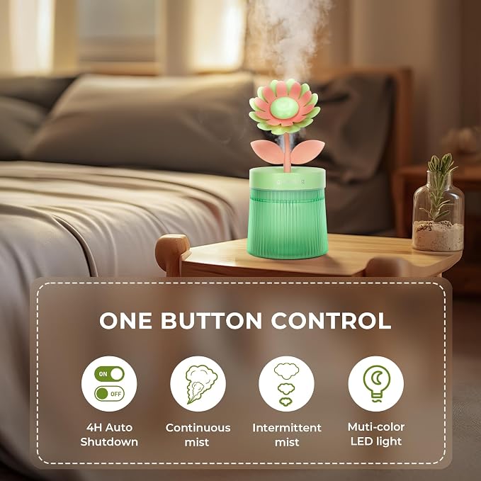 Cute Flower Mini Humidifier, 260ml Sunflower Desktop Humidifiers for Bedroom, Portable Small Cool Mist Humidification for