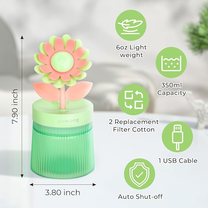 Cute Flower Mini Humidifier, 260ml Sunflower Desktop Humidifiers for Bedroom, Portable Small Cool Mist Humidification for