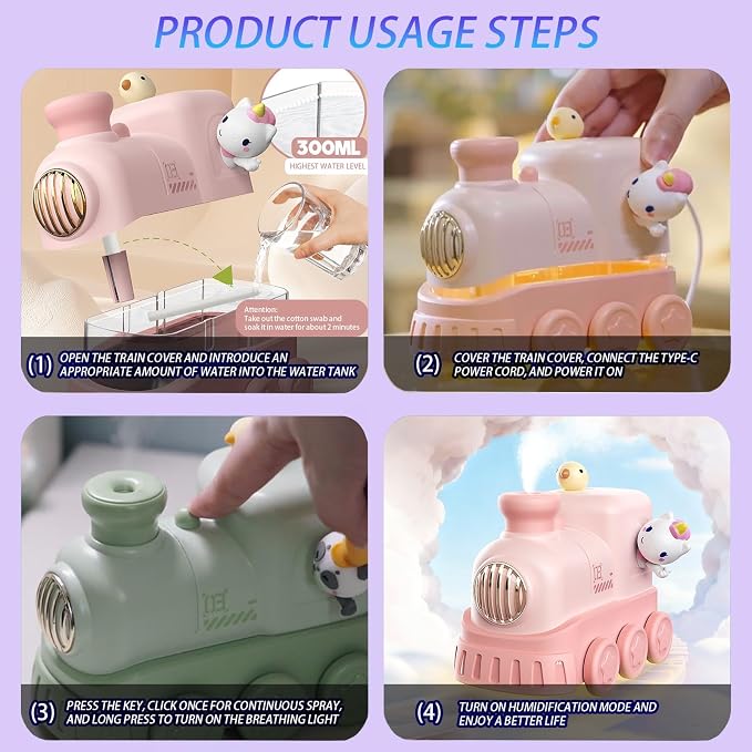 Cute Train Diffuser 300ML - Cool Mist Humidifier with Night Light, 2 Mist Modes,Essential Oil Diffuser USB Portable Mini