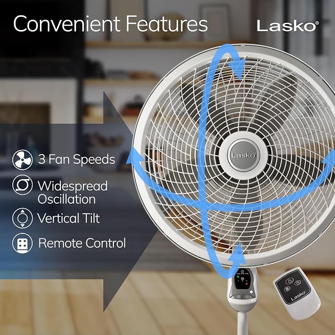 Cyclone Pedestal Fan, Adjustable Height, Remote Control, Timer, 3 Speeds, for Bedroom, Kitchen, Office and Living Room, 18"
