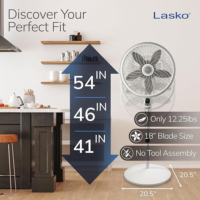 Cyclone Pedestal Fan, Adjustable Height, Remote Control, Timer, 3 Speeds, for Bedroom, Kitchen, Office and Living Room, 18"