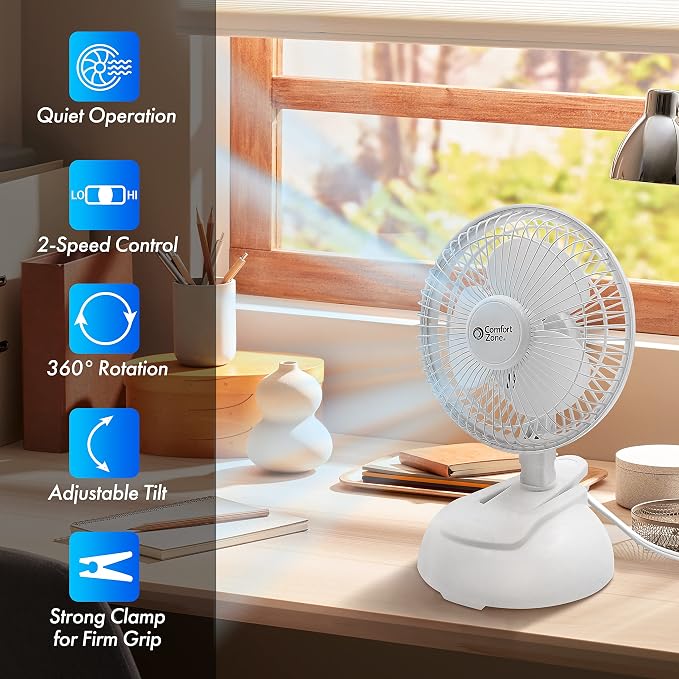 CZ6XMWT 6” 2-Speed Combo Clip or Desk Fan with Removable Base, Strong Clamp for Firm Grip, Suitable for Bedroom, Office, or