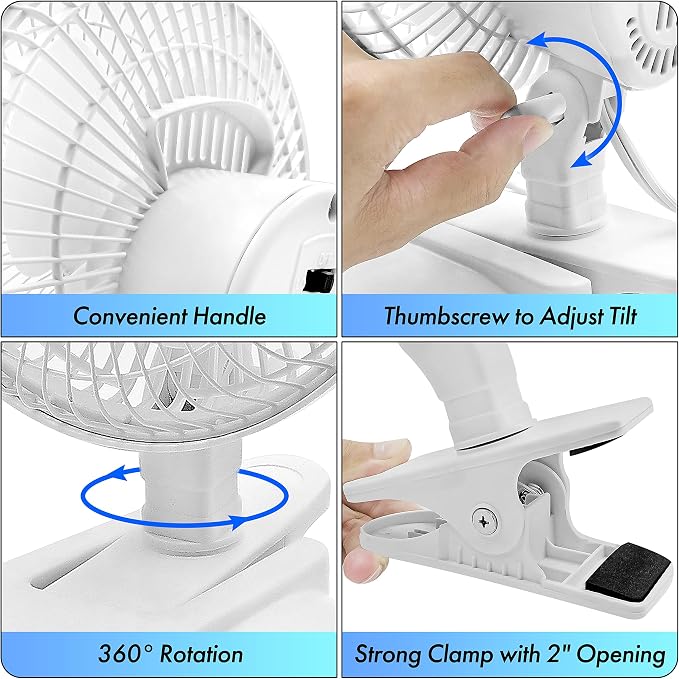 CZ6XMWT 6” 2-Speed Combo Clip or Desk Fan with Removable Base, Strong Clamp for Firm Grip, Suitable for Bedroom, Office, or