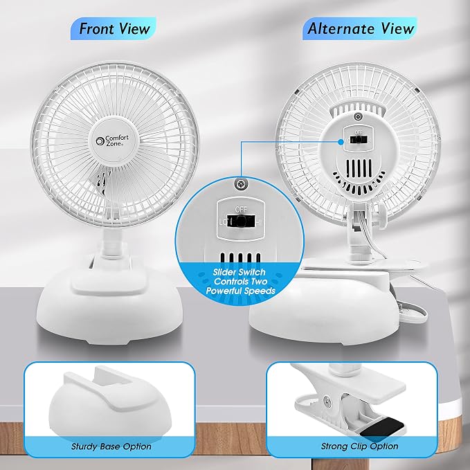 CZ6XMWT 6” 2-Speed Combo Clip or Desk Fan with Removable Base, Strong Clamp for Firm Grip, Suitable for Bedroom, Office, or