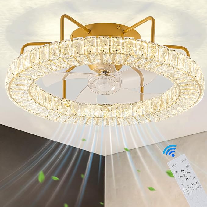 D21 Inch Fandelier 360 Degree Rotating Ceiling Fan with Lights and Remote Control Dimmable Crystal Ceiling Fan LED 3 Color 6