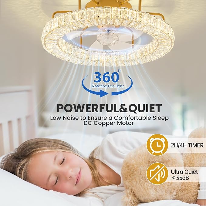 D21 Inch Fandelier 360 Degree Rotating Ceiling Fan with Lights and Remote Control Dimmable Crystal Ceiling Fan LED 3 Color 6