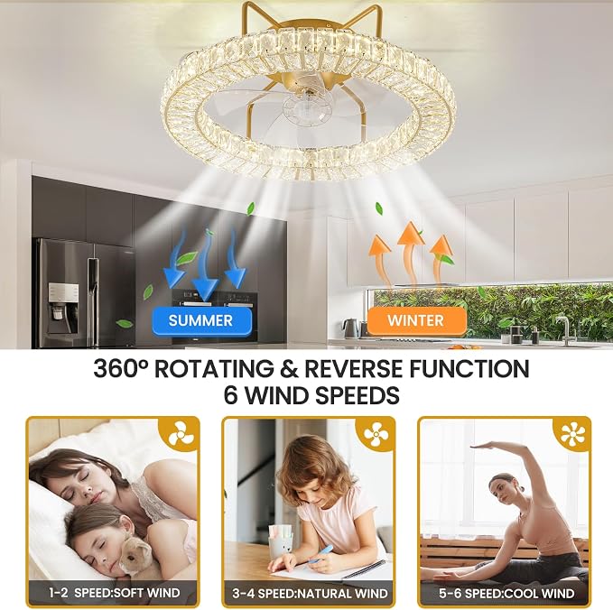 D21 Inch Fandelier 360 Degree Rotating Ceiling Fan with Lights and Remote Control Dimmable Crystal Ceiling Fan LED 3 Color 6