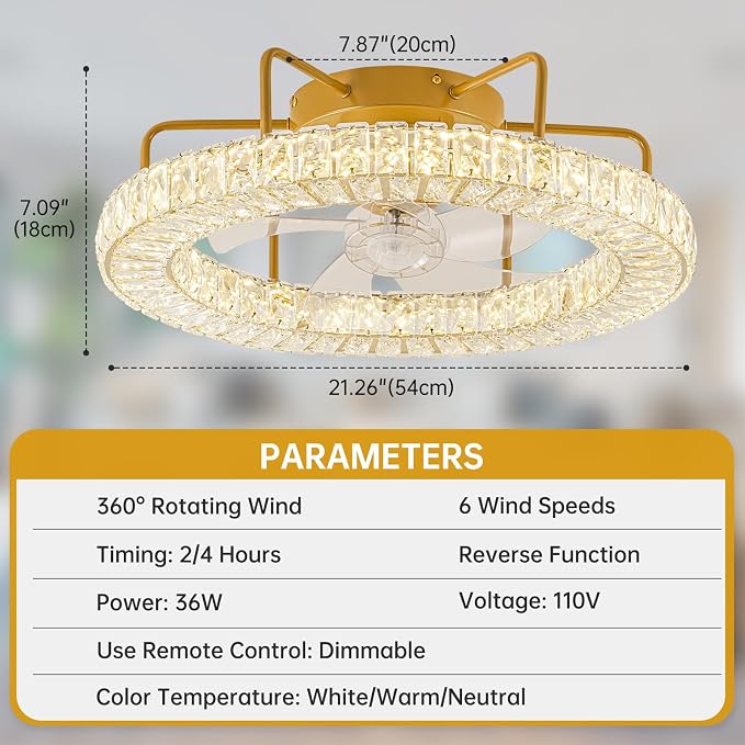 D21 Inch Fandelier 360 Degree Rotating Ceiling Fan with Lights and Remote Control Dimmable Crystal Ceiling Fan LED 3 Color 6