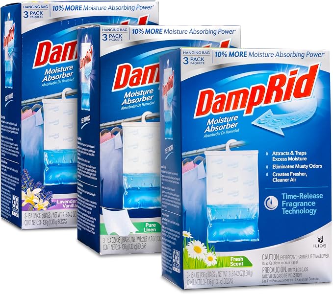 Damp Rid Hanging Bag Moisture Absorbers - 3 Packs of 3-15.4oz (Pure Linen, Lavender Vanilla, Fresh Scent) - Closet Deodorizer