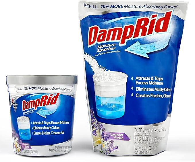 Damp Rid Refillable Moisture Absorber – Lavender Vanilla Humidity Absorber & Odor Absorber with 11oz Cup and 44oz Refill Bag