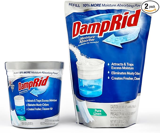 Damp Rid Refillable Moisture Absorber – Pure Linen Humidity Absorber & Odor Absorber with 11oz Cup and 44oz Refill Bag
