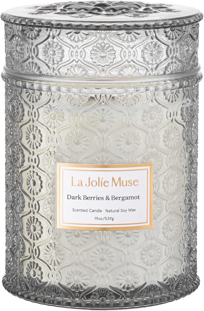 Dark Berries & Bergamot Candle - Berries, Grape, Caramel | 19 oz Large Wooden Wick Candle | Natural Soy Wax | 90 Hours Clean