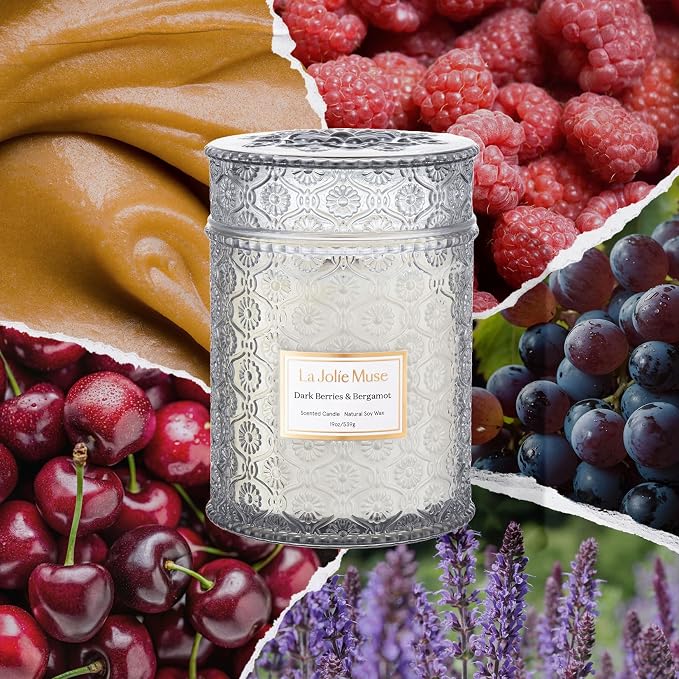 Dark Berries & Bergamot Candle - Berries, Grape, Caramel | 19 oz Large Wooden Wick Candle | Natural Soy Wax | 90 Hours Clean