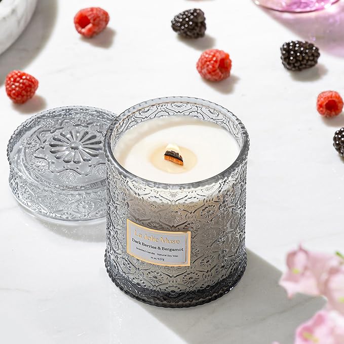 Dark Berries & Bergamot Candle - Berries, Grape, Caramel | 19 oz Large Wooden Wick Candle | Natural Soy Wax | 90 Hours Clean