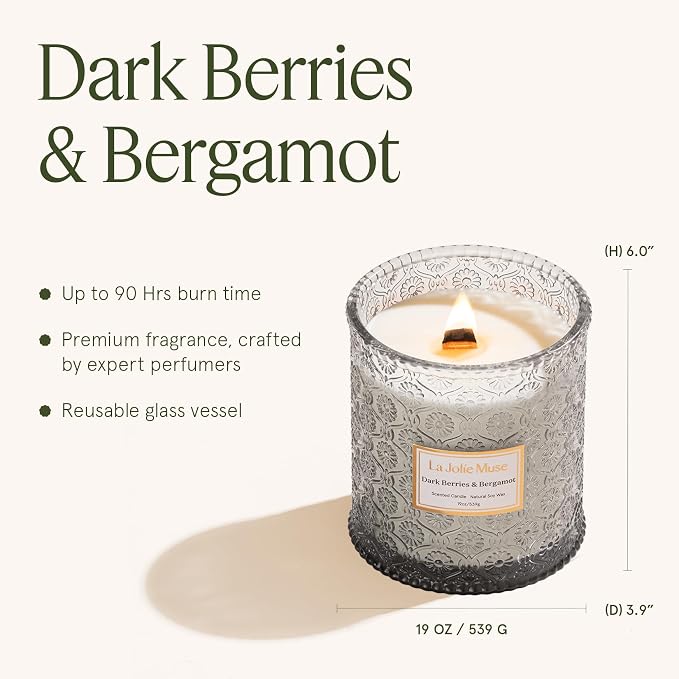 Dark Berries & Bergamot Candle - Berries, Grape, Caramel | 19 oz Large Wooden Wick Candle | Natural Soy Wax | 90 Hours Clean
