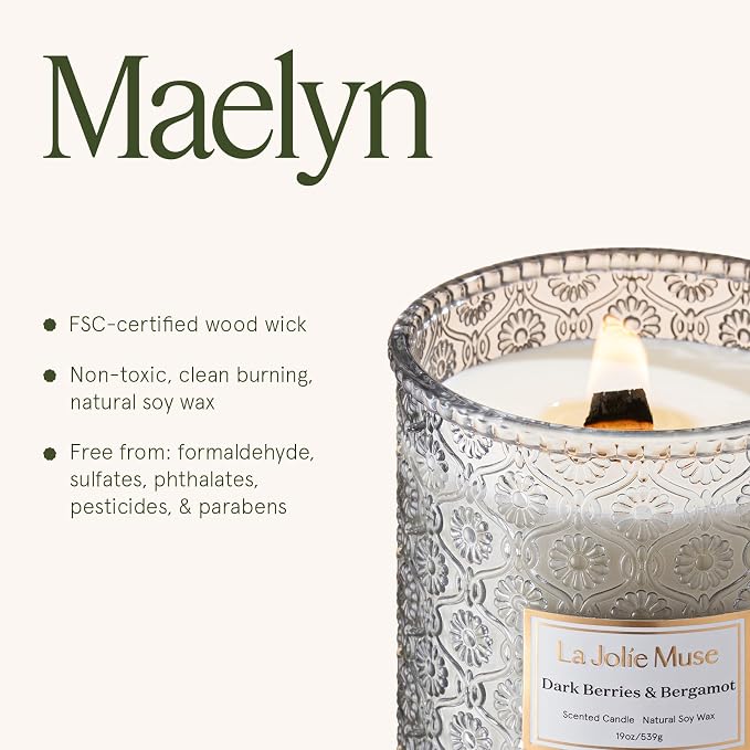 Dark Berries & Bergamot Candle - Berries, Grape, Caramel | 19 oz Large Wooden Wick Candle | Natural Soy Wax | 90 Hours Clean