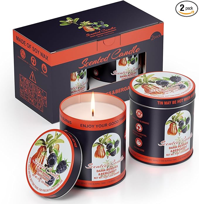 Dark Berries & Bergamot Soy Wax Scented Candle Set - 9oz x 2 Pack, 80-Hour Burn Time, product image