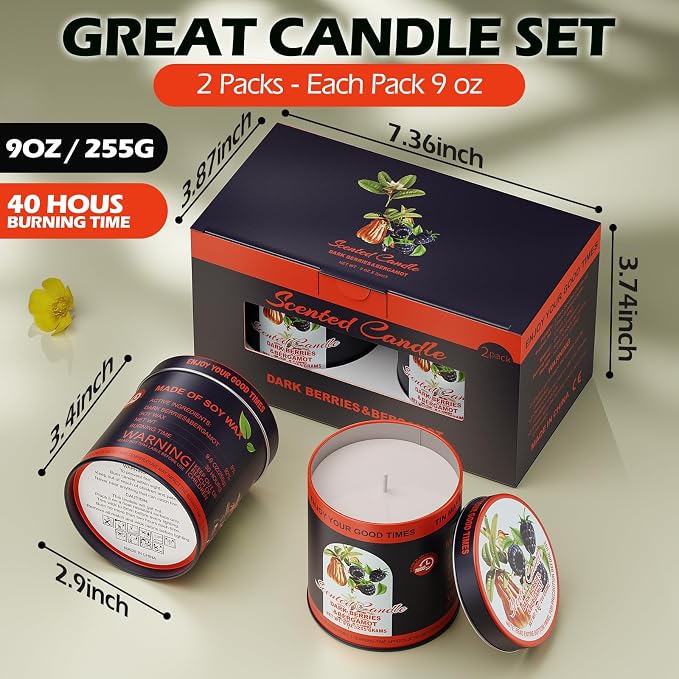 Dark Berries & Bergamot Soy Wax Scented Candle Set - 9oz x 2 Pack, 80-Hour Burn Time, alternate product view 2