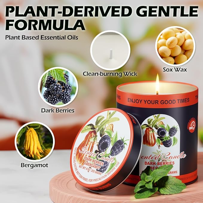 Dark Berries & Bergamot Soy Wax Scented Candle Set - 9oz x 2 Pack, 80-Hour Burn Time, alternate product view 4