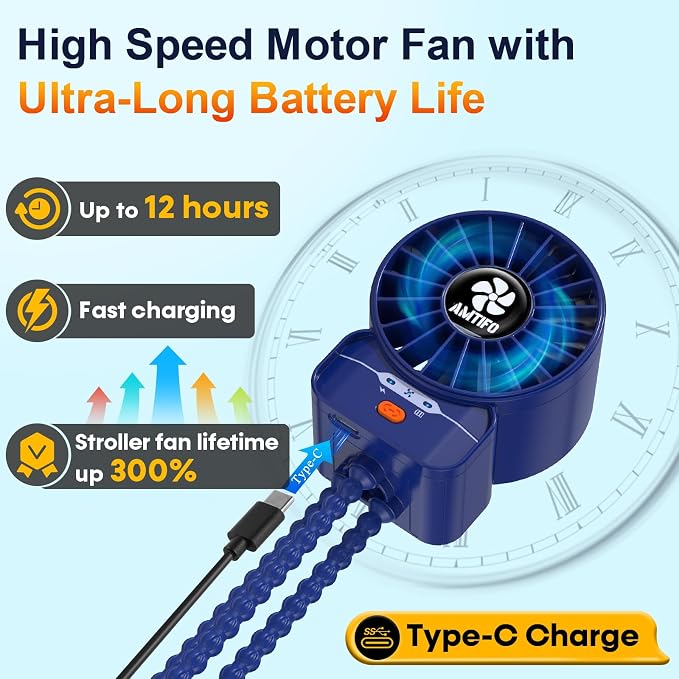 Dark Blue Stroller Fan - USB Rechargeable, Turbo Cooling, Quiet, Adjustable Speeds, Portable Baby Fan for, alternate view 4