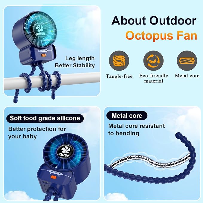 Dark Blue Stroller Fan - USB Rechargeable, Turbo Cooling, Quiet, Adjustable Speeds, Portable Baby Fan for, alternate view 5