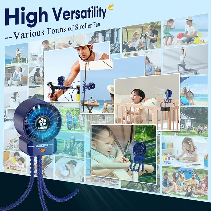Dark Blue Stroller Fan - USB Rechargeable, Turbo Cooling, Quiet, Adjustable Speeds, Portable Baby Fan for, alternate view 6