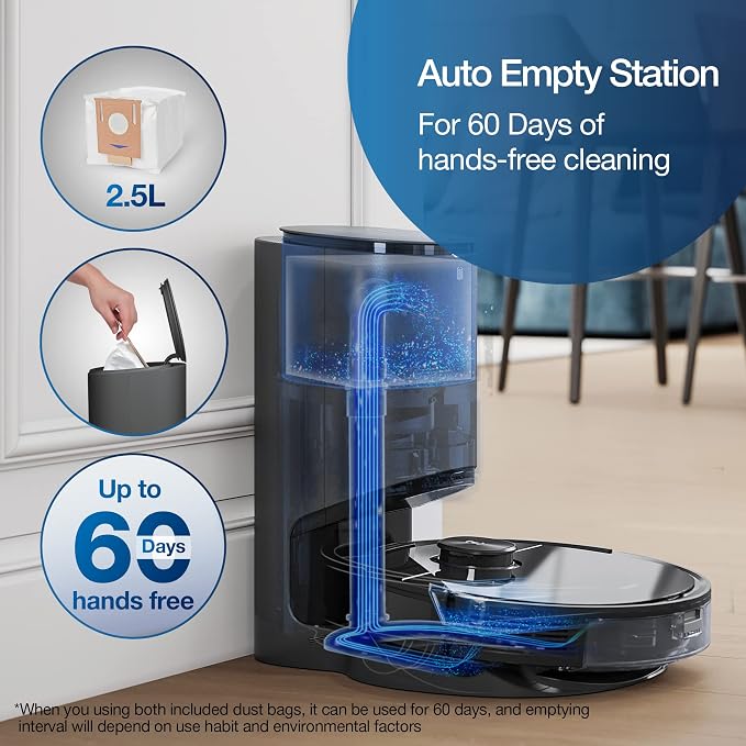 Deebot N8 Pro+ Robot Vacuum and Mop Cleaner, with Self Empty Station, 2600Pa Suction, Laser Based LiDAR Navigation, Carpet