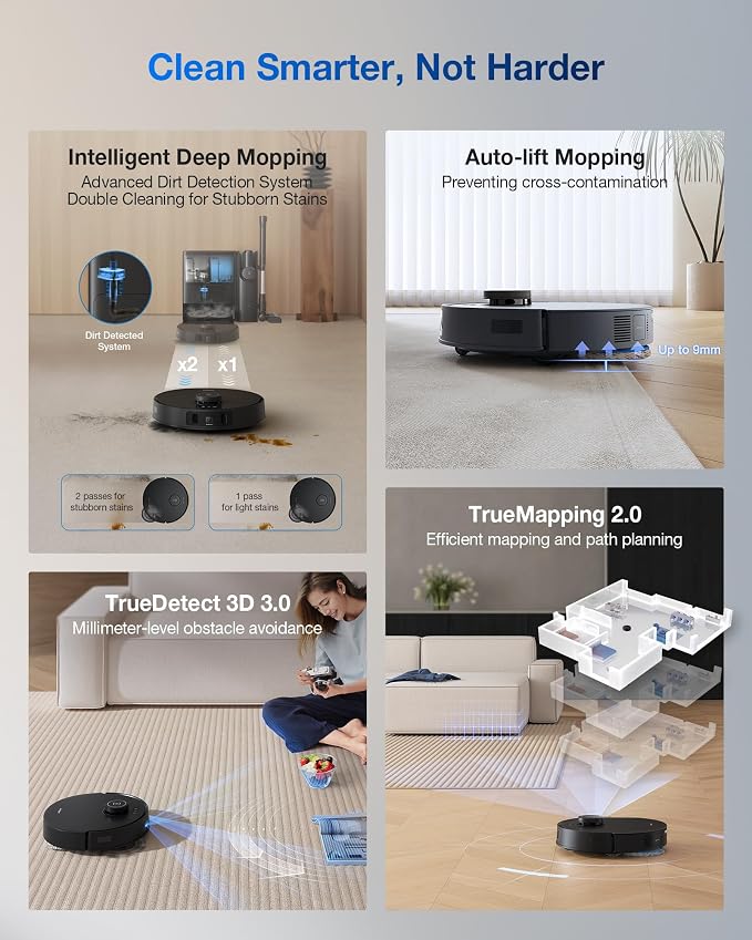 DEEBOT T30S Combo Complete Robot Vacuum and Mop, 11000Pa, ZeroTangle Technology, TruEdge Adaptive Edge Mopping, Hot Water Mop