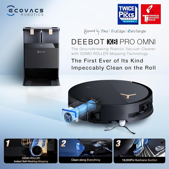 DEEBOT X8 PRO OMNI Robot Vacuum and Mop, 18000Pa, OZMO ROLLER Instant Self-Washing Mopping, 167°F Hot Water Mop Washing