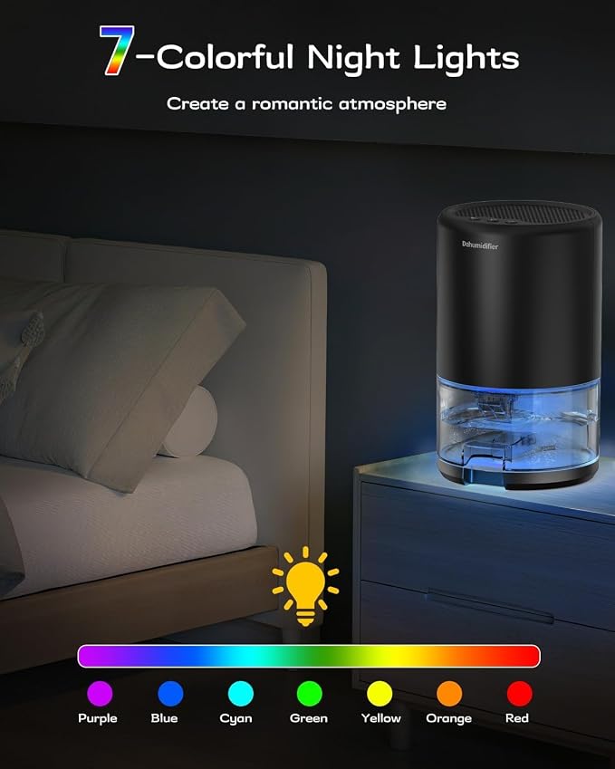 Dehumidifier, 35 oz Small Dehumidifiers for Home, Bathroom, Bedroom, Closet, Ultra-Quiet with Sleep Mode, 7 Color Lights &