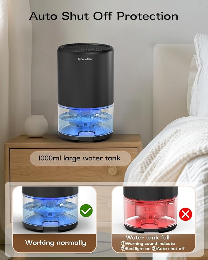 Dehumidifier, 35 oz Small Dehumidifiers for Home, Bathroom, Bedroom, Closet, Ultra-Quiet with Sleep Mode, 7 Color Lights &