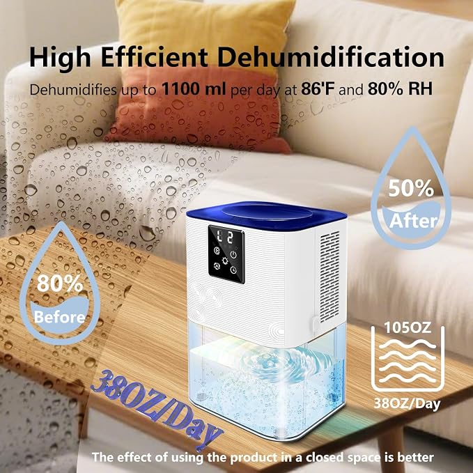 Dehumidifier, 3L/105 oz (1000 Sq Ft) Small Dehumidifiers for room, Bathroom, RV, Quiet with Auto Shut Off,Timer, 3 Setting