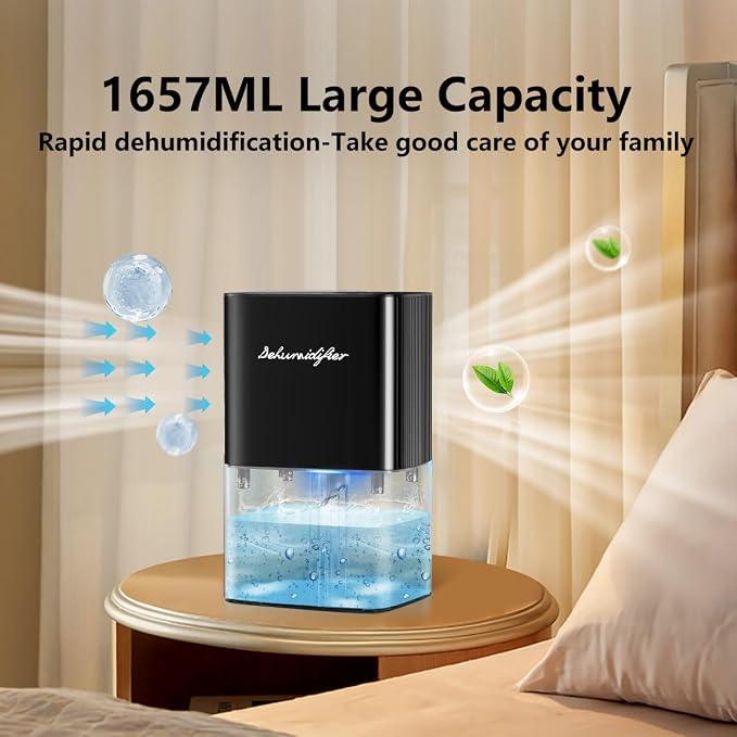 Dehumidifier 58OZ 1657ML Small Dehumidifier for Home Safety Dehumidification 5 Timers 3 Setting Modes Auto Shut Off