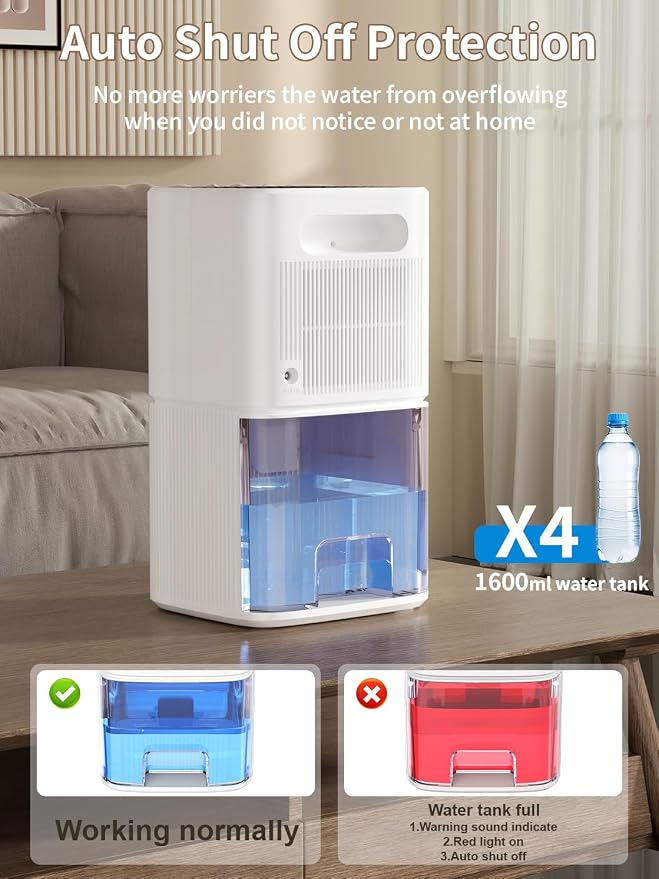 Dehumidifier, 60 OZ Water Tank, 500 sq.ft Quiet Dehumidifiers for Home Bedroom Bathroom Basement with Auto Shut Off, 7 Colors