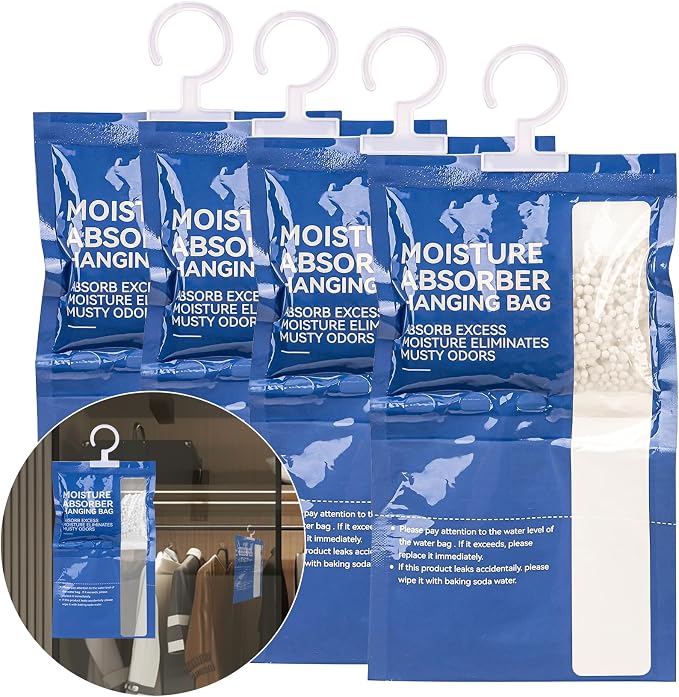 Dehumidifier Bags Hanging Moisture Absorbers - 4 Packs Dehumidifiers for Home Closet Bathroom Basement, Hanging Bag Desiccant