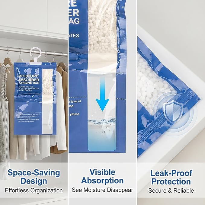 Dehumidifier Bags Hanging Moisture Absorbers - 4 Packs Dehumidifiers for Home Closet Bathroom Basement, Hanging Bag Desiccant
