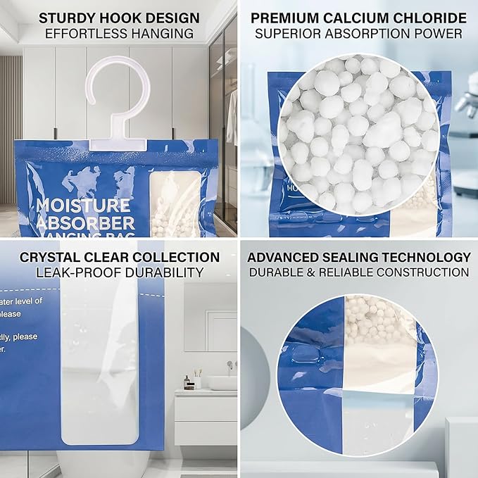 Dehumidifier Bags Hanging Moisture Absorbers - 4 Packs Dehumidifiers for Home Closet Bathroom Basement, Hanging Bag Desiccant