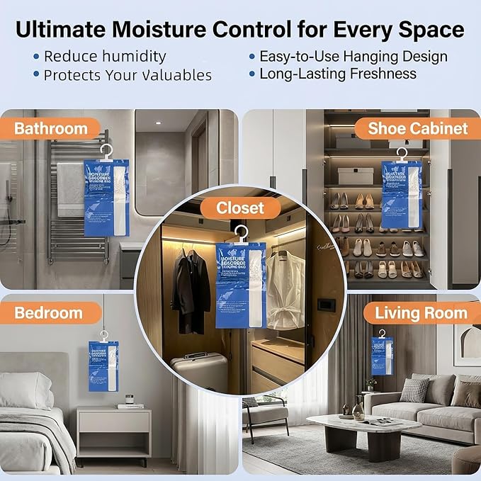 Dehumidifier Bags Hanging Moisture Absorbers - 4 Packs Dehumidifiers for Home Closet Bathroom Basement, Hanging Bag Desiccant