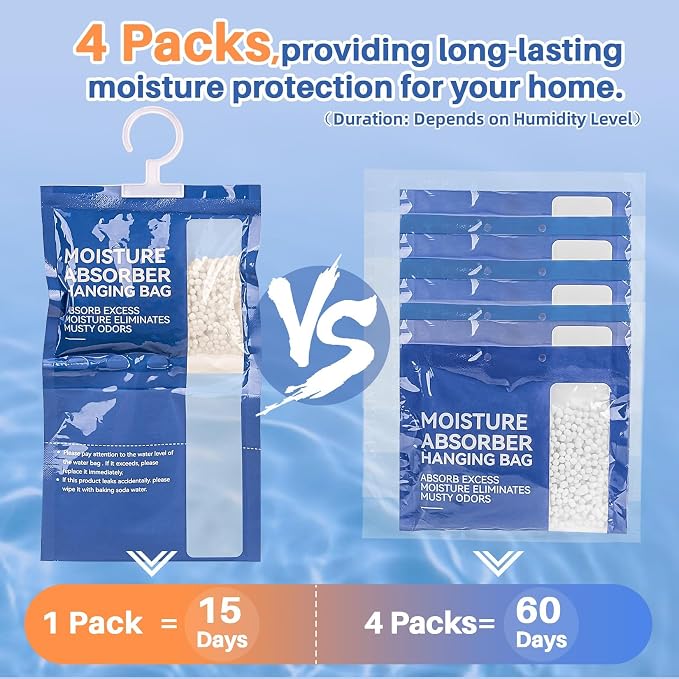 Dehumidifier Bags Hanging Moisture Absorbers - 4 Packs Dehumidifiers for Home Closet Bathroom Basement, Hanging Bag Desiccant
