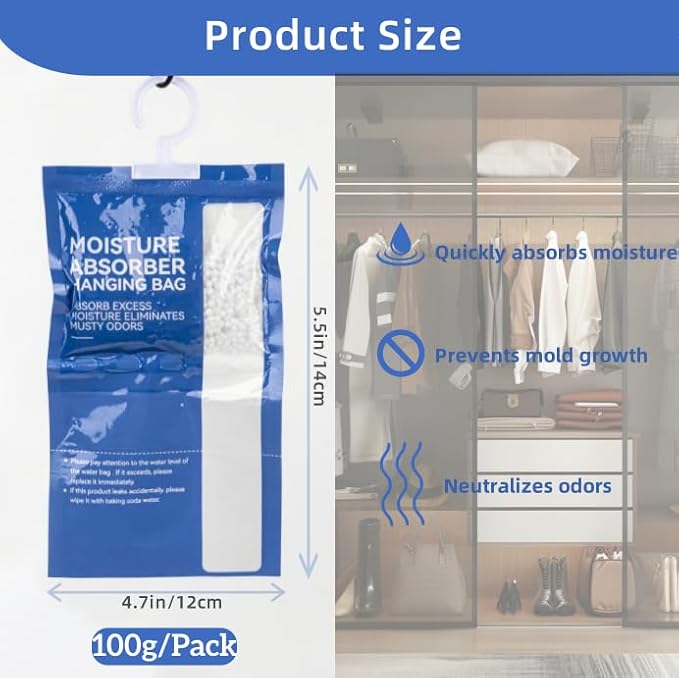 Dehumidifier Bags Hanging Moisture Absorbers - 4 Packs Dehumidifiers for Home Closet Bathroom Basement, Hanging Bag Desiccant