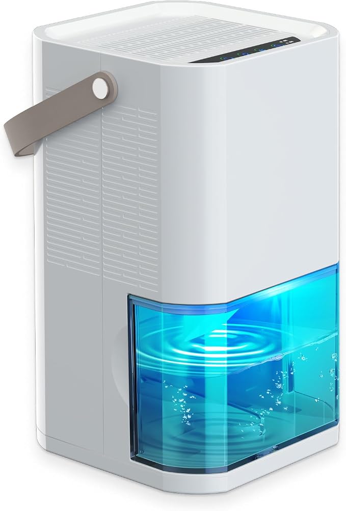 Dehumidifier Dual Core Compact Quiet for Home. Portable, Auto Shut OFF, 57OZ Water Tank. Delay-Off Timer and Ambient Light.