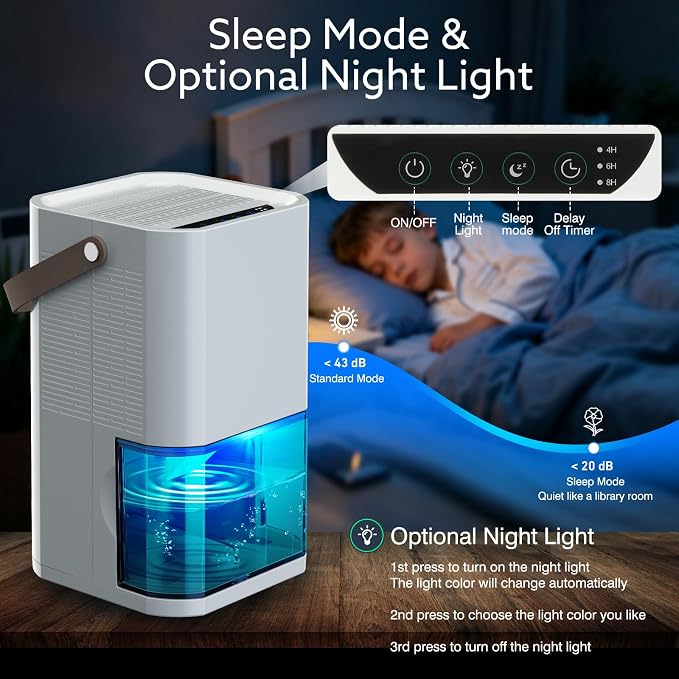 Dehumidifier Dual Core Compact Quiet for Home. Portable, Auto Shut OFF, 57OZ Water Tank. Delay-Off Timer and Ambient Light.
